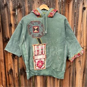 Champion Hippie Green Custom Patchwork Cut Off Festival Hoodie Sweatshirt, M